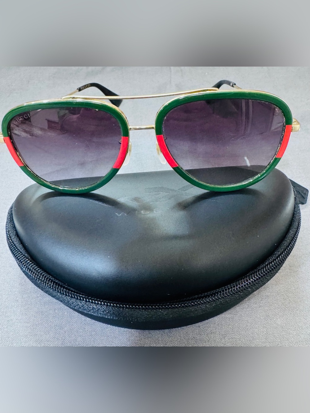 Gucci Green and Red Trim Women's Sunglasses with Gold Bridge